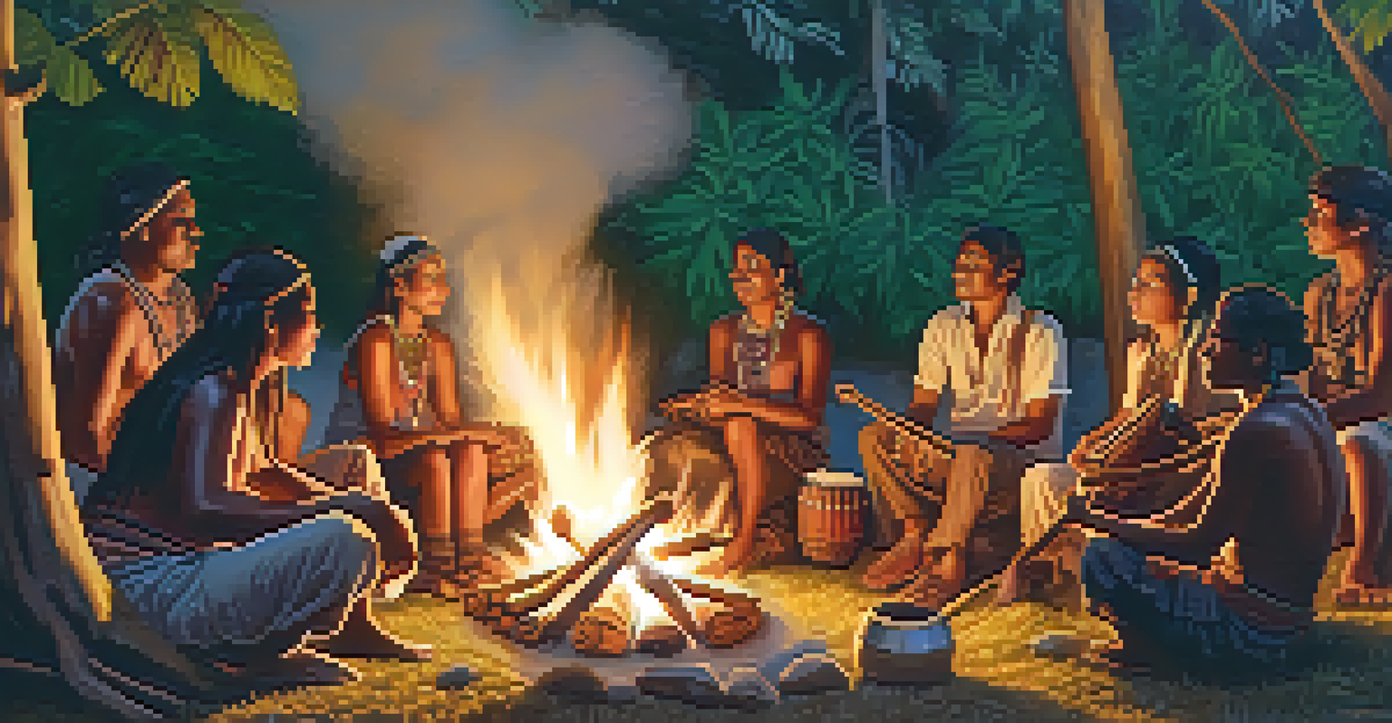 Indigenous people gathered around a fire, sharing stories through music with traditional instruments in a natural setting.