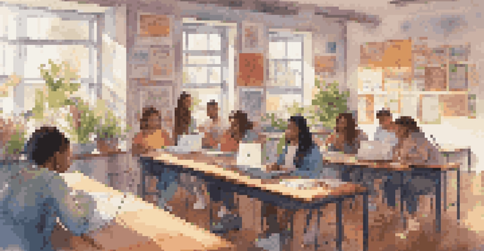 A vibrant classroom with students using laptops for an online music quiz, surrounded by musical decorations and sunlight.