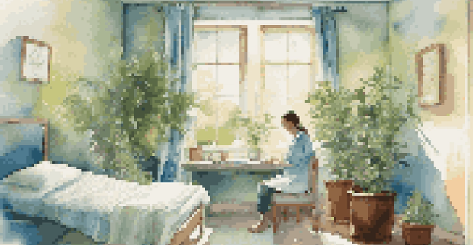 A peaceful hospital room with a patient and a music therapist playing a guitar, surrounded by plants and warm light.