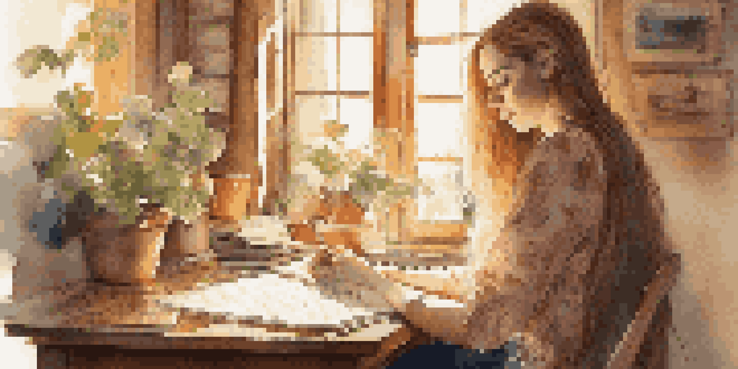 A young woman writing lyrics at a vintage wooden desk in a sunlit room filled with musical items and plants.