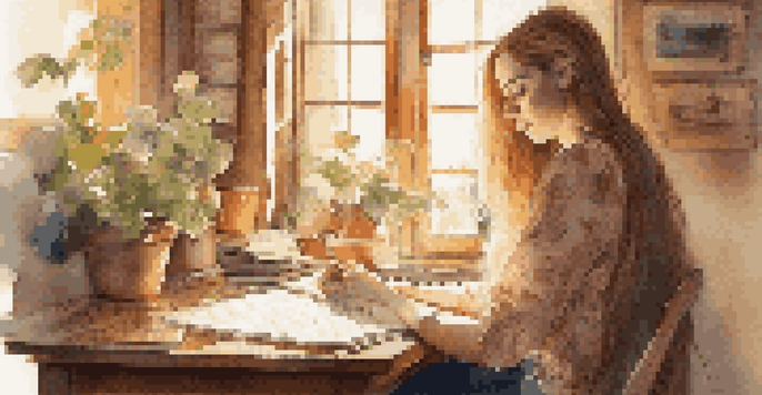 A young woman writing lyrics at a vintage wooden desk in a sunlit room filled with musical items and plants.