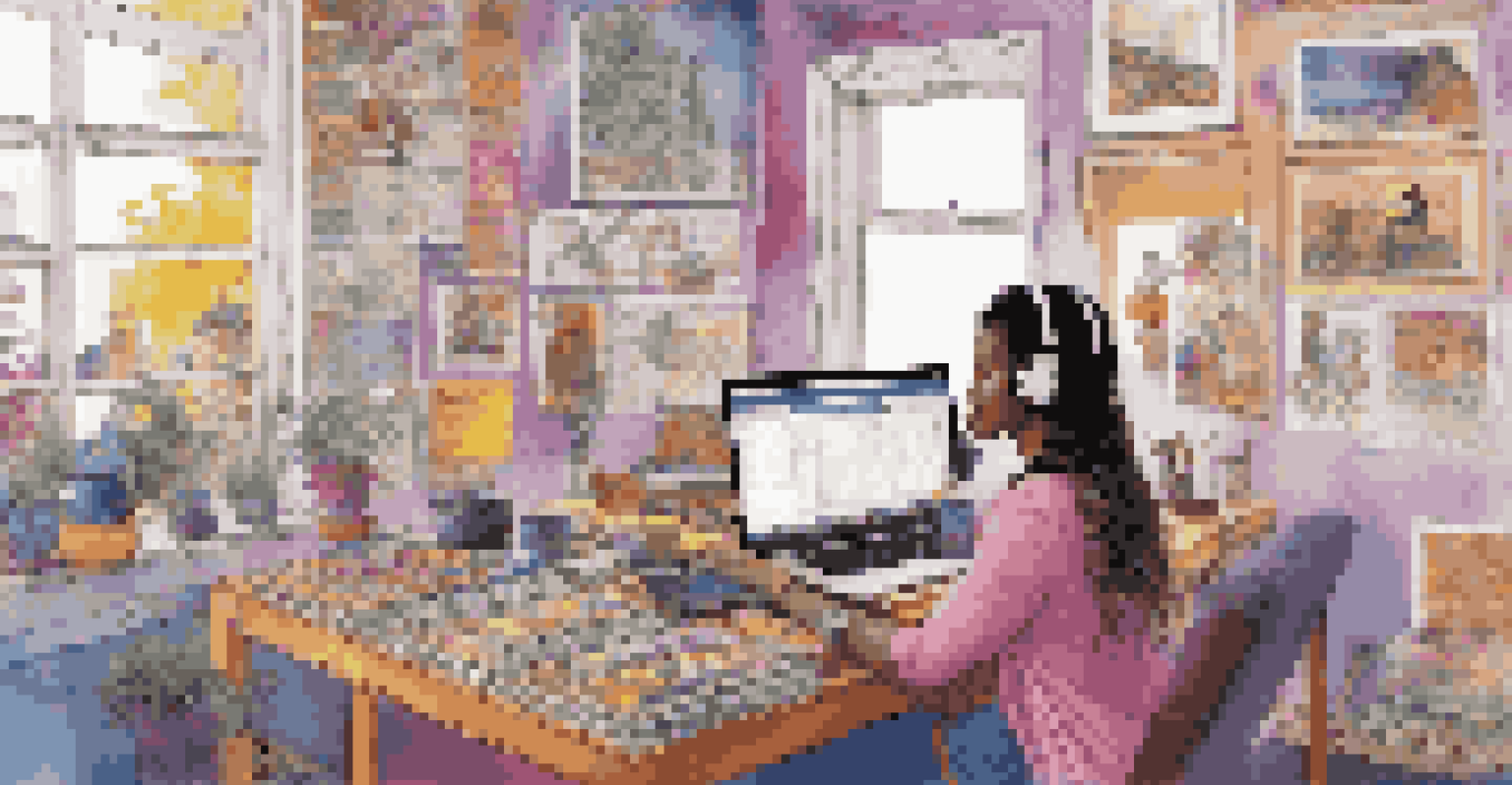 A woman creating a music playlist on her laptop in a colorful workspace filled with music-themed decorations.