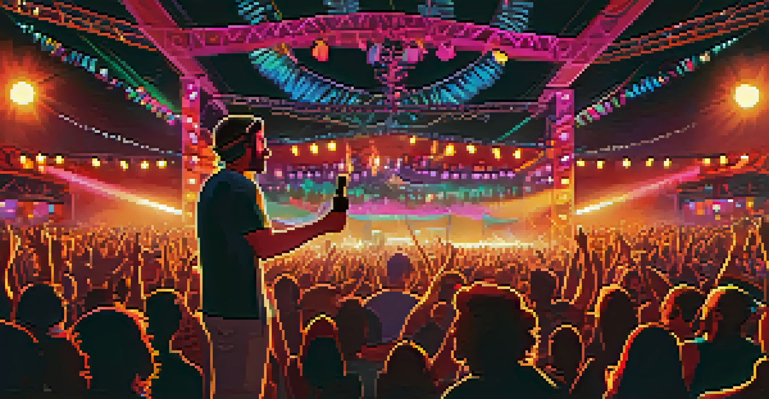 An artist on stage at a music festival, emotionally sharing about mental health, with an engaged audience illuminated by colorful lights.