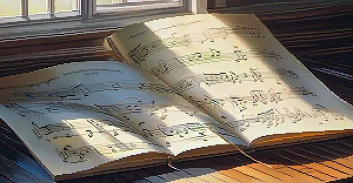 A music sheet displaying different note values on a wooden desk with sunlight streaming through a window.