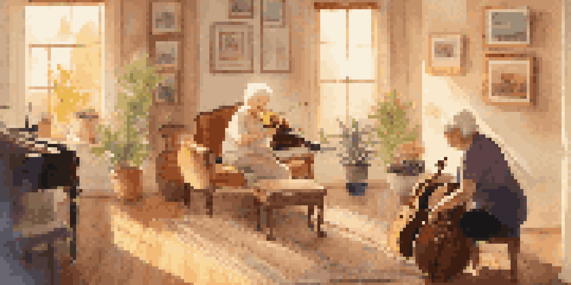 An elderly woman smiles during a music therapy session with a therapist playing guitar, surrounded by musical instruments and family photos in a sunlit room.