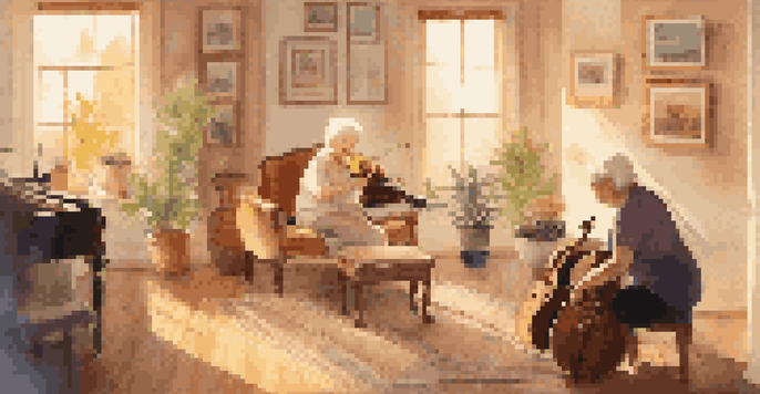 An elderly woman smiles during a music therapy session with a therapist playing guitar, surrounded by musical instruments and family photos in a sunlit room.