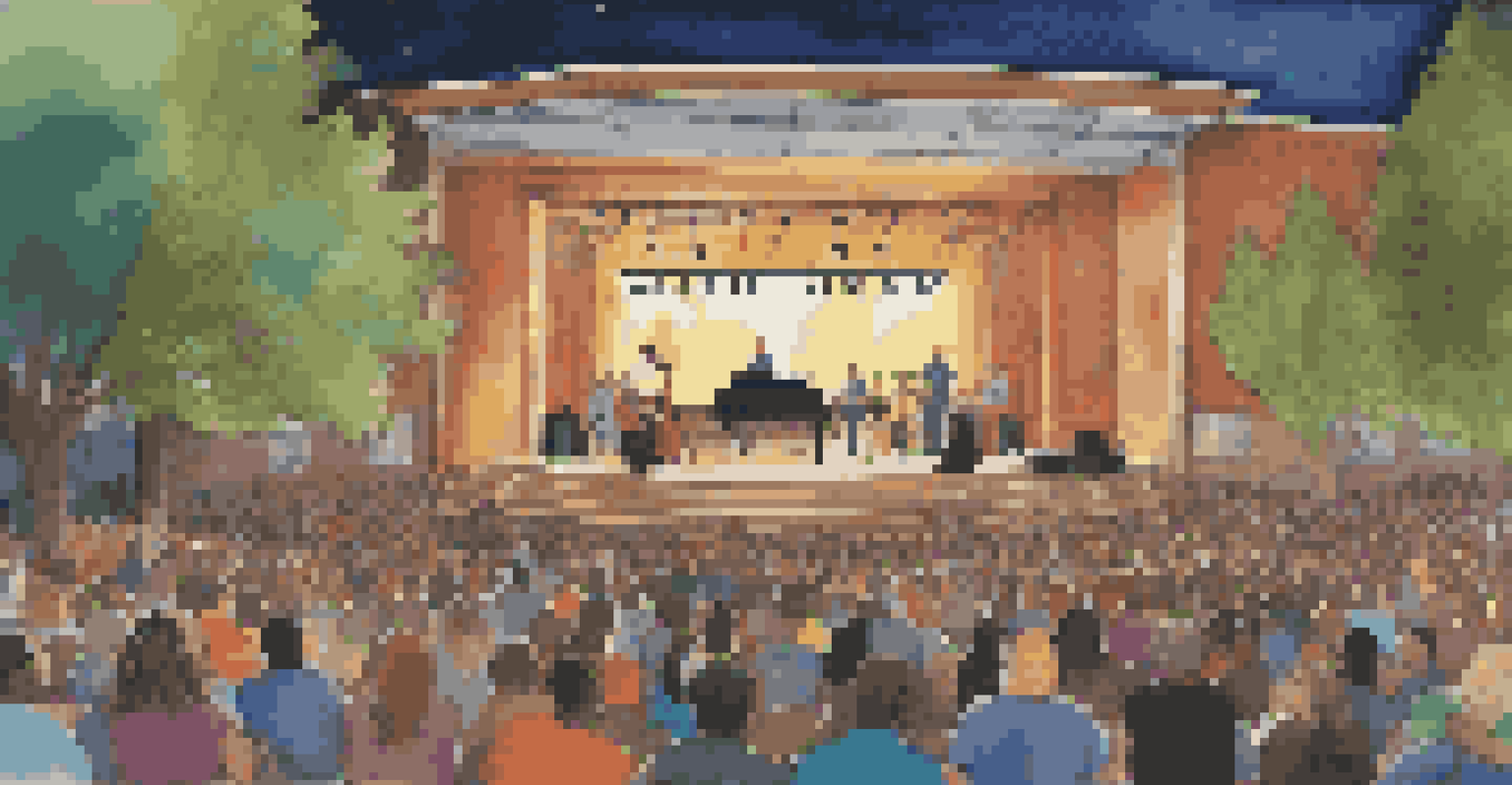 An outdoor benefit concert with a diverse crowd and musicians performing on stage, surrounded by colorful lights and community banners.