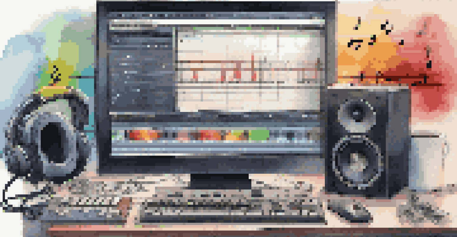 A computer screen showing a digital audio workstation with colorful sound waves and music sheets around it.
