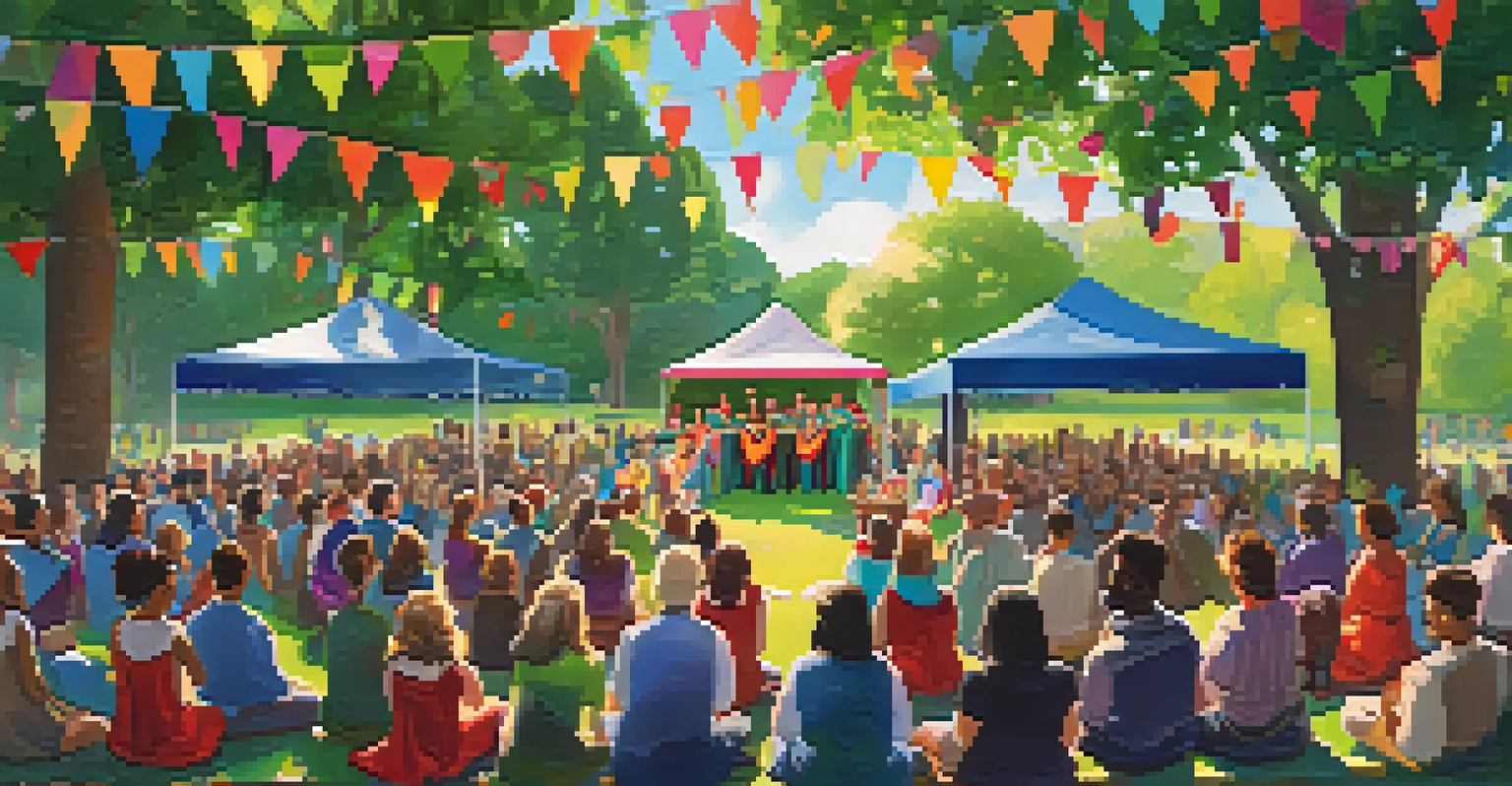 A community choir performing outdoors in a park, surrounded by a diverse audience and colorful decorations under the sunlight.