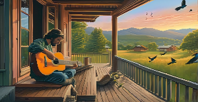 A peaceful landscape with a rustic wooden cabin, a musician playing guitar on the porch, and a sunset sky.