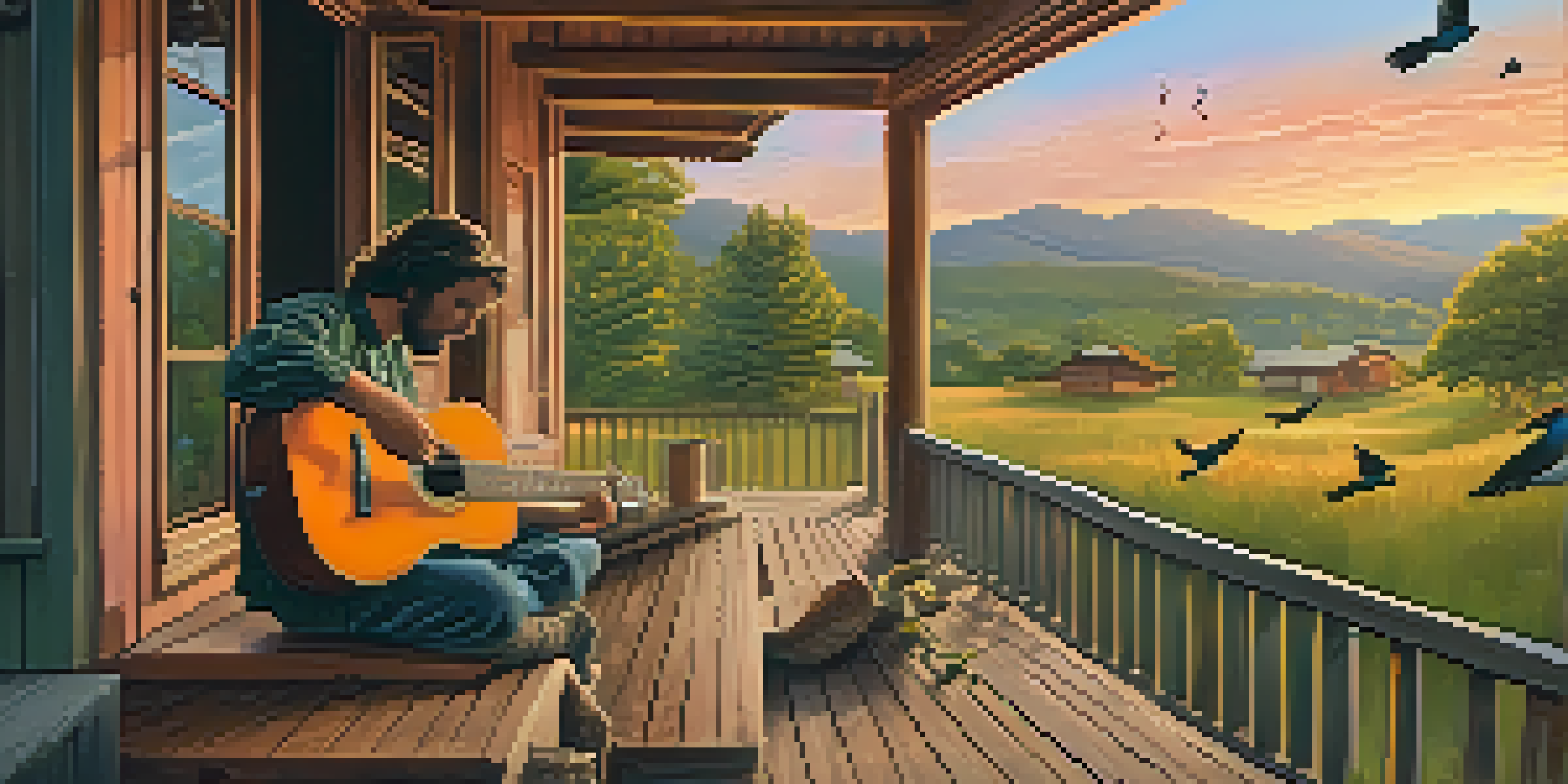 A peaceful landscape with a rustic wooden cabin, a musician playing guitar on the porch, and a sunset sky.