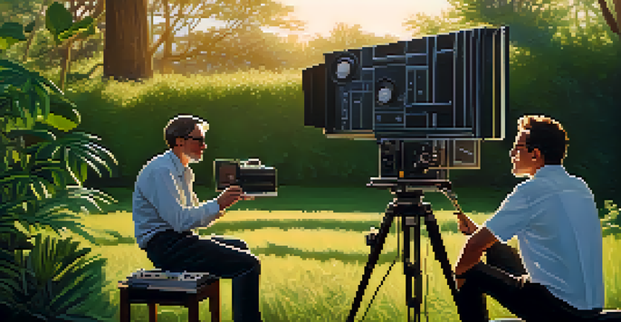 A director and composer discussing film music on a serene set during golden hour, surrounded by greenery.