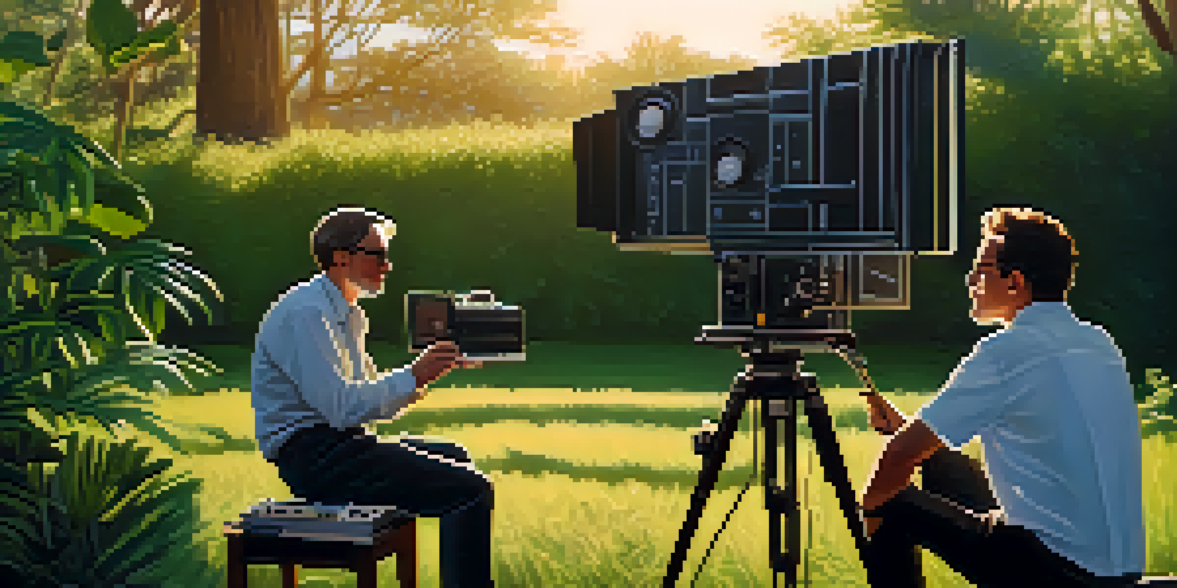 A director and composer discussing film music on a serene set during golden hour, surrounded by greenery.