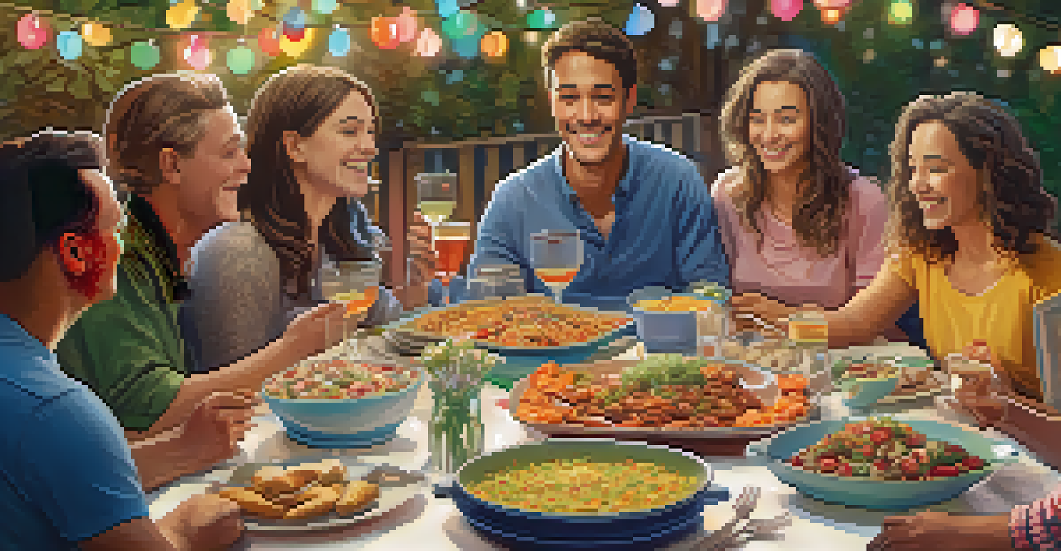 A potluck table filled with colorful homemade dishes, surrounded by neighbors sharing food and enjoying each other's company.
