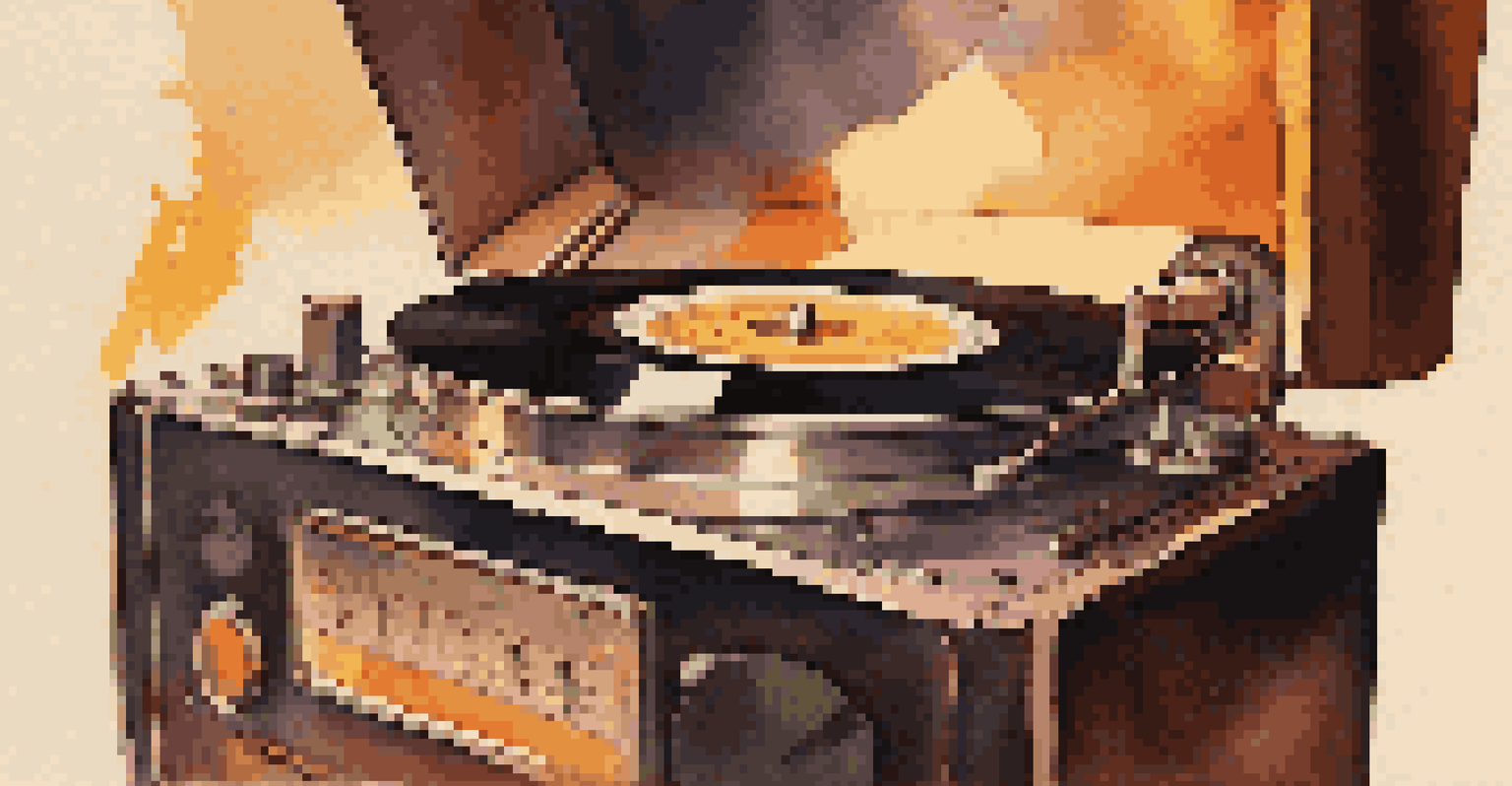 A vintage record player with a spinning vinyl record, set against a background of musical notes.