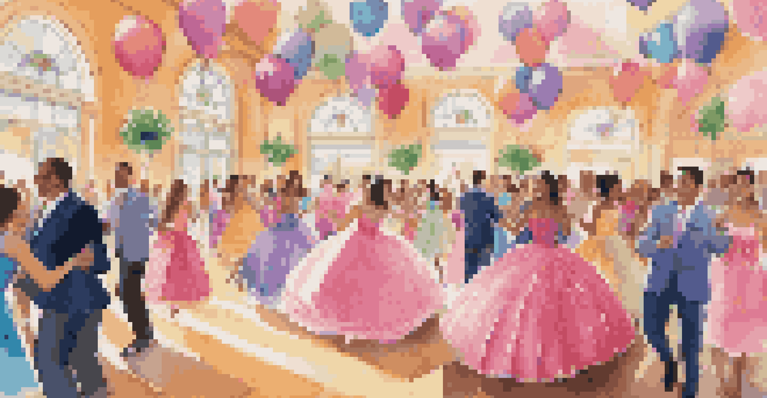 A young girl in a pink dress dancing at a Quinceañera celebration surrounded by balloons and family.