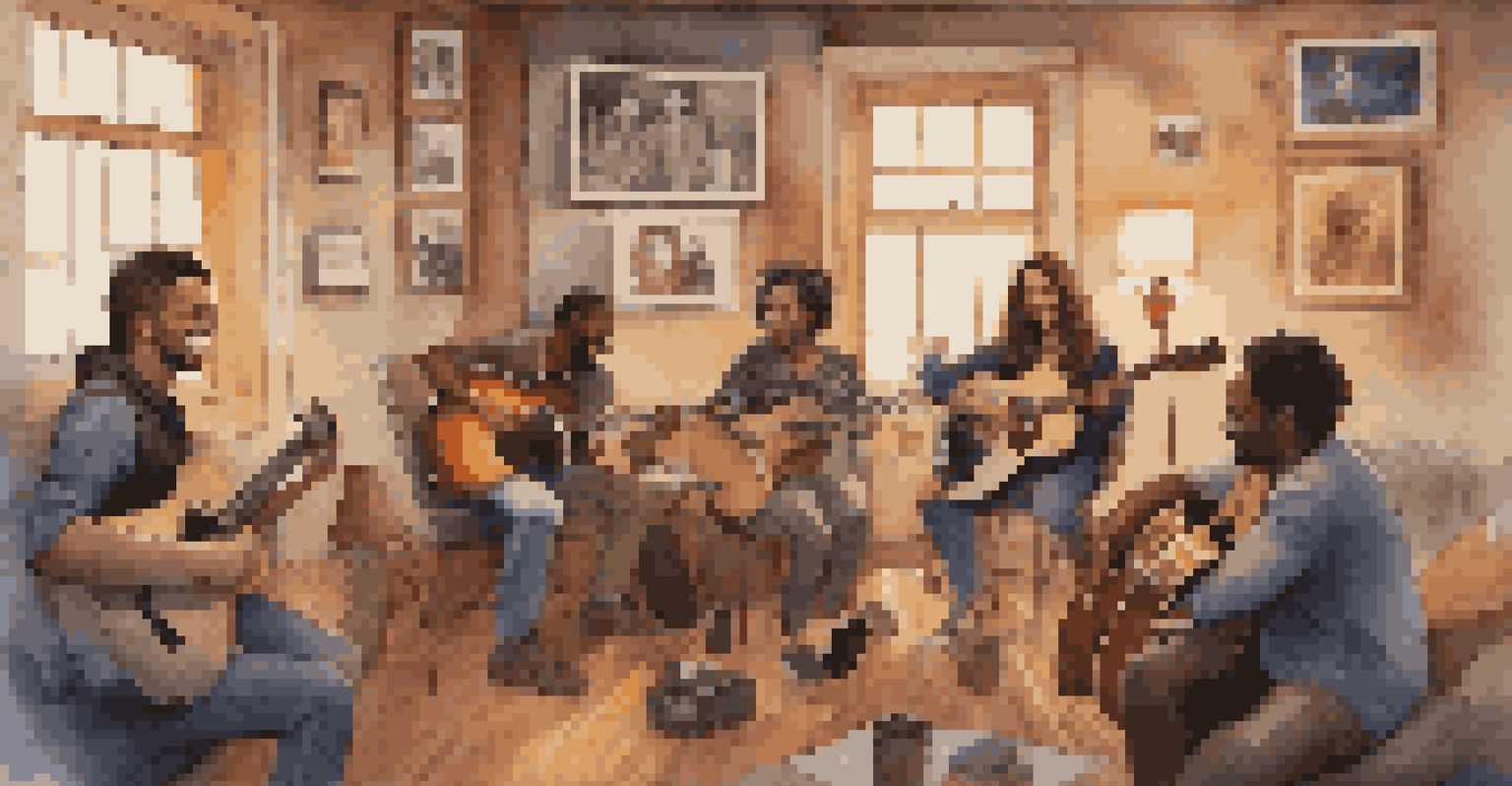 A diverse group of musicians with guitars in a cozy room filled with posters and soft lighting, enjoying a jam session.