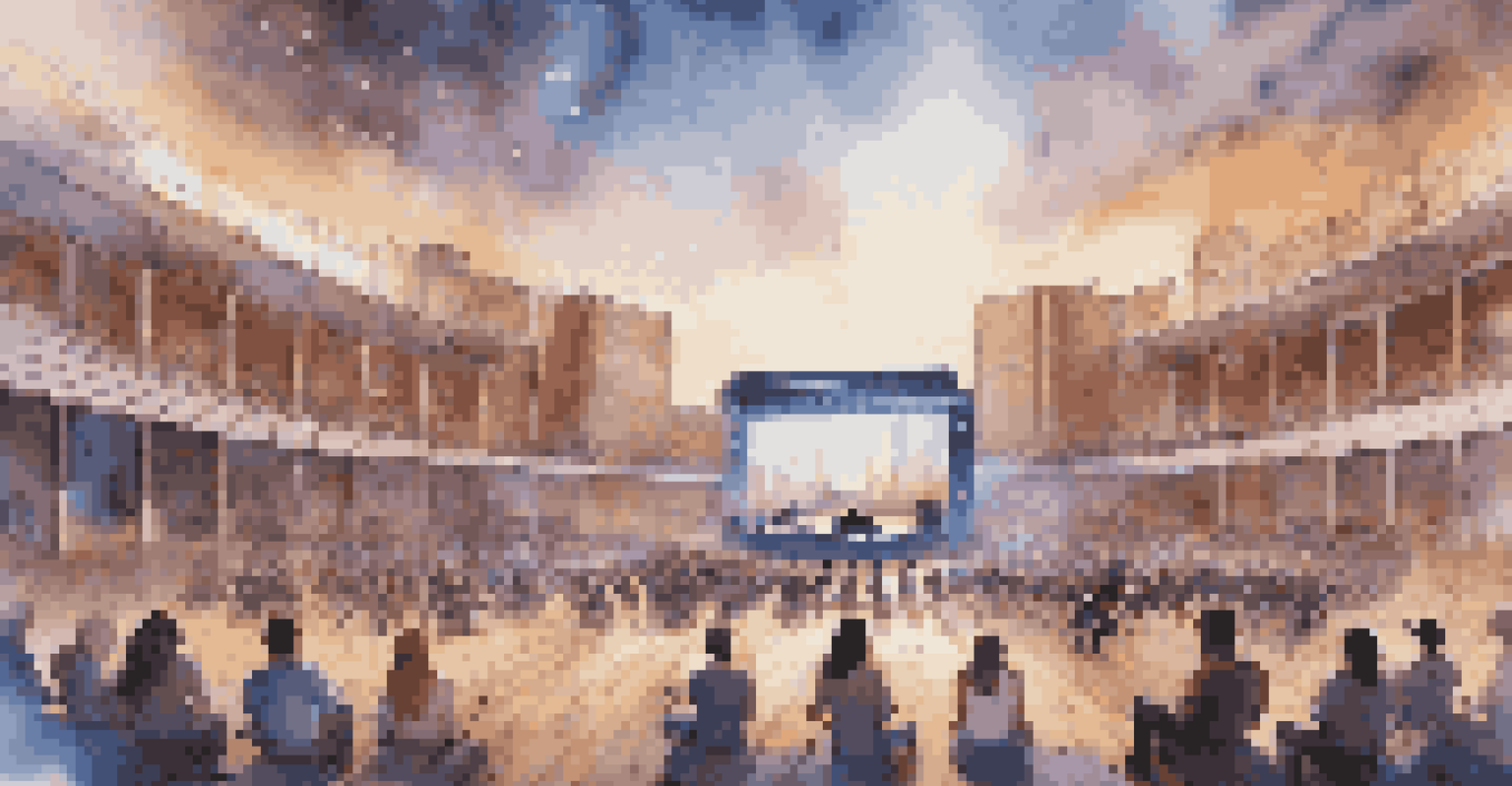 A virtual reality setting where students practice their instruments with holograms of famous musicians in an open-air concert hall with a digital city backdrop.