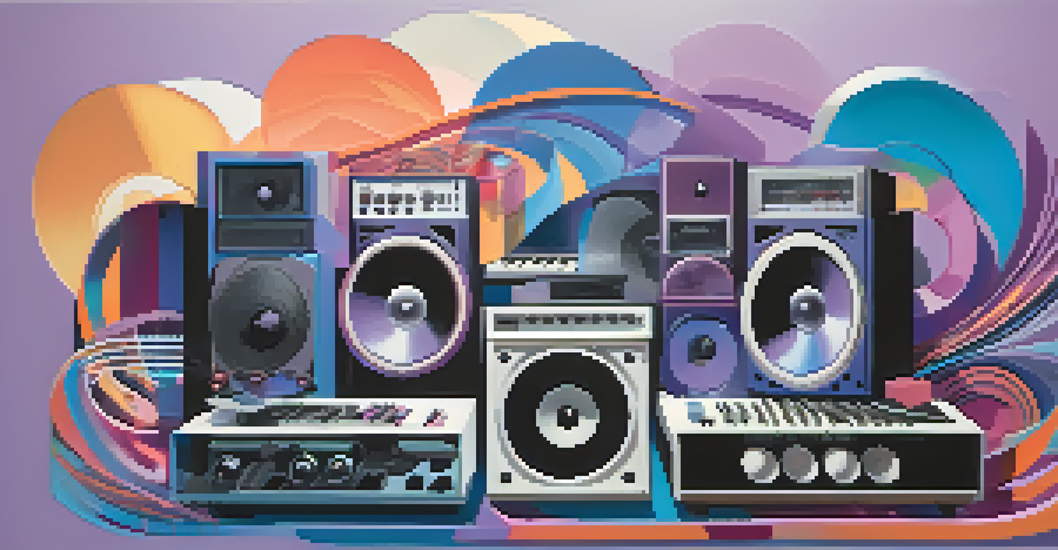 An abstract image of colorful sound waves intertwining with musical instruments against a gradient background.