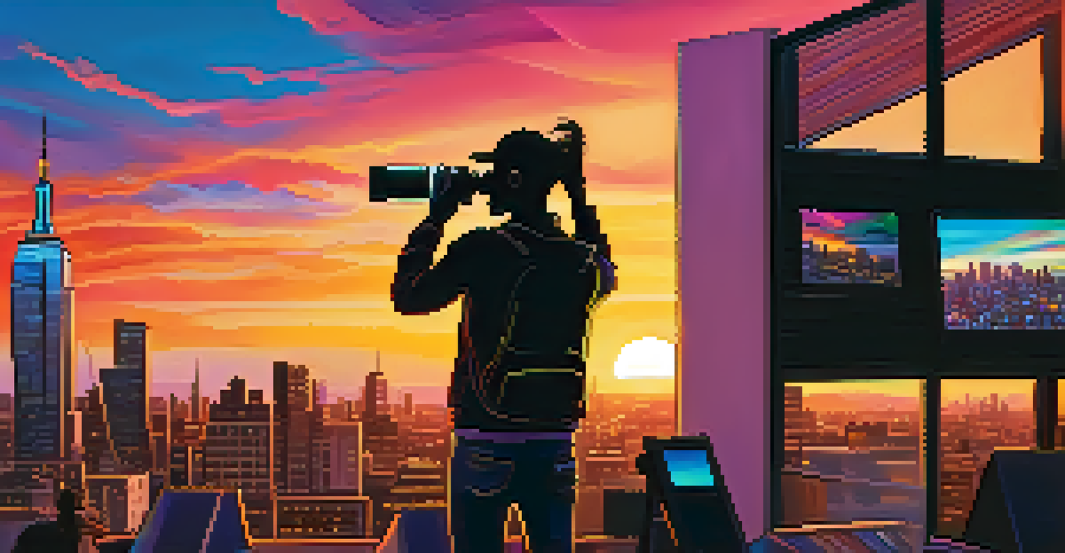 A modern artist filming a music video on a rooftop at sunset, engaging with fans against a vibrant city skyline.