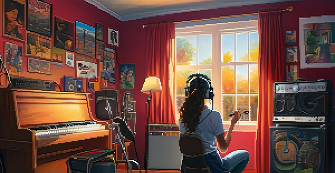 A young woman singing into a microphone in a colorful home studio filled with instruments and recording equipment, illuminated by sunlight.