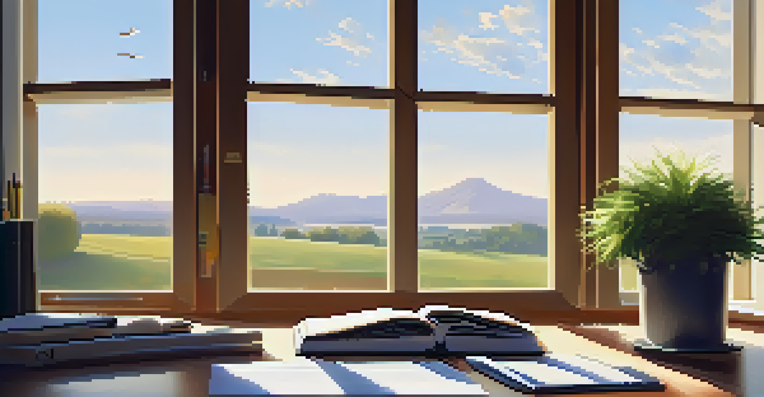 A study table with a notebook and smartphone playlist, set against a sunny landscape view, illustrating the benefits of music in studying.