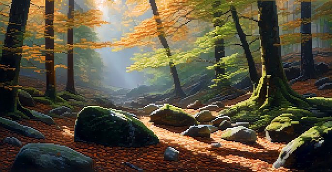 A tranquil forest scene with trees, sunlight, and birds, showcasing the calming sounds of nature.