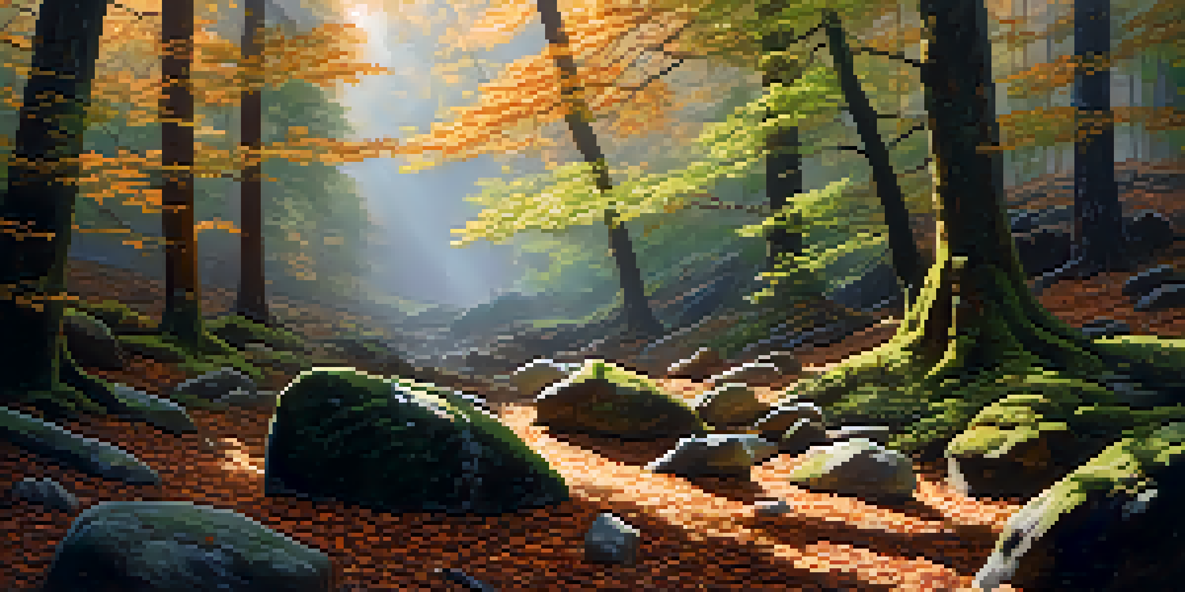 A tranquil forest scene with trees, sunlight, and birds, showcasing the calming sounds of nature.