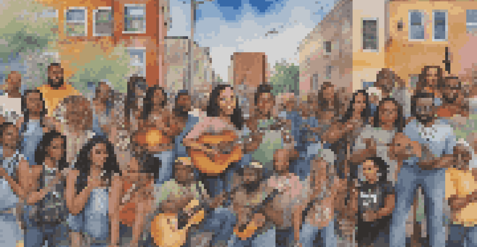 A colorful street mural showing musicians united for social justice, with symbols of peace and equality, and a diverse group of people gathered around it.