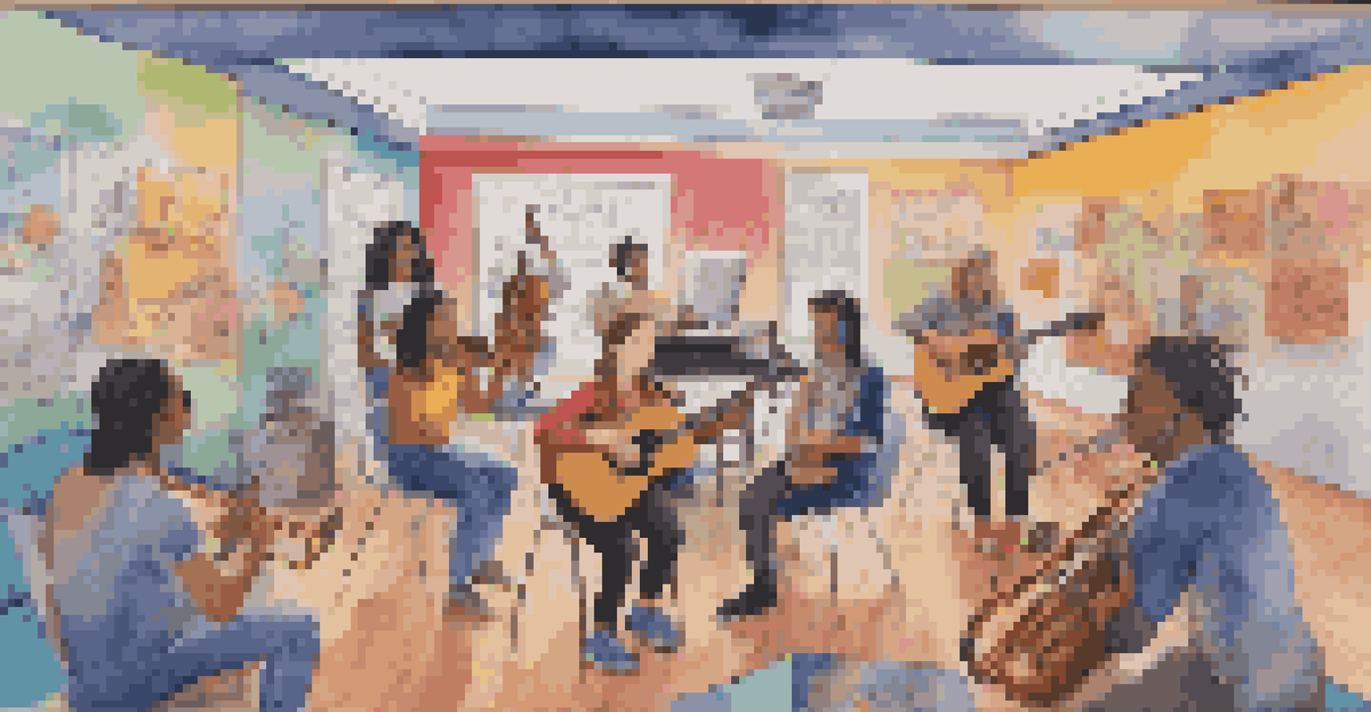 A virtual meeting of young musicians, with a grid of diverse faces holding instruments and sharing ideas in a lively online community setting.