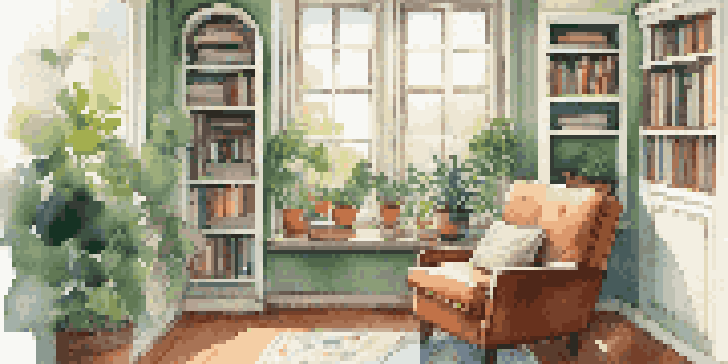 A peaceful room with a cozy chair, a vinyl record player, and plants, filled with soft natural light.