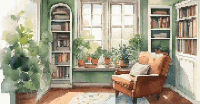 A peaceful room with a cozy chair, a vinyl record player, and plants, filled with soft natural light.