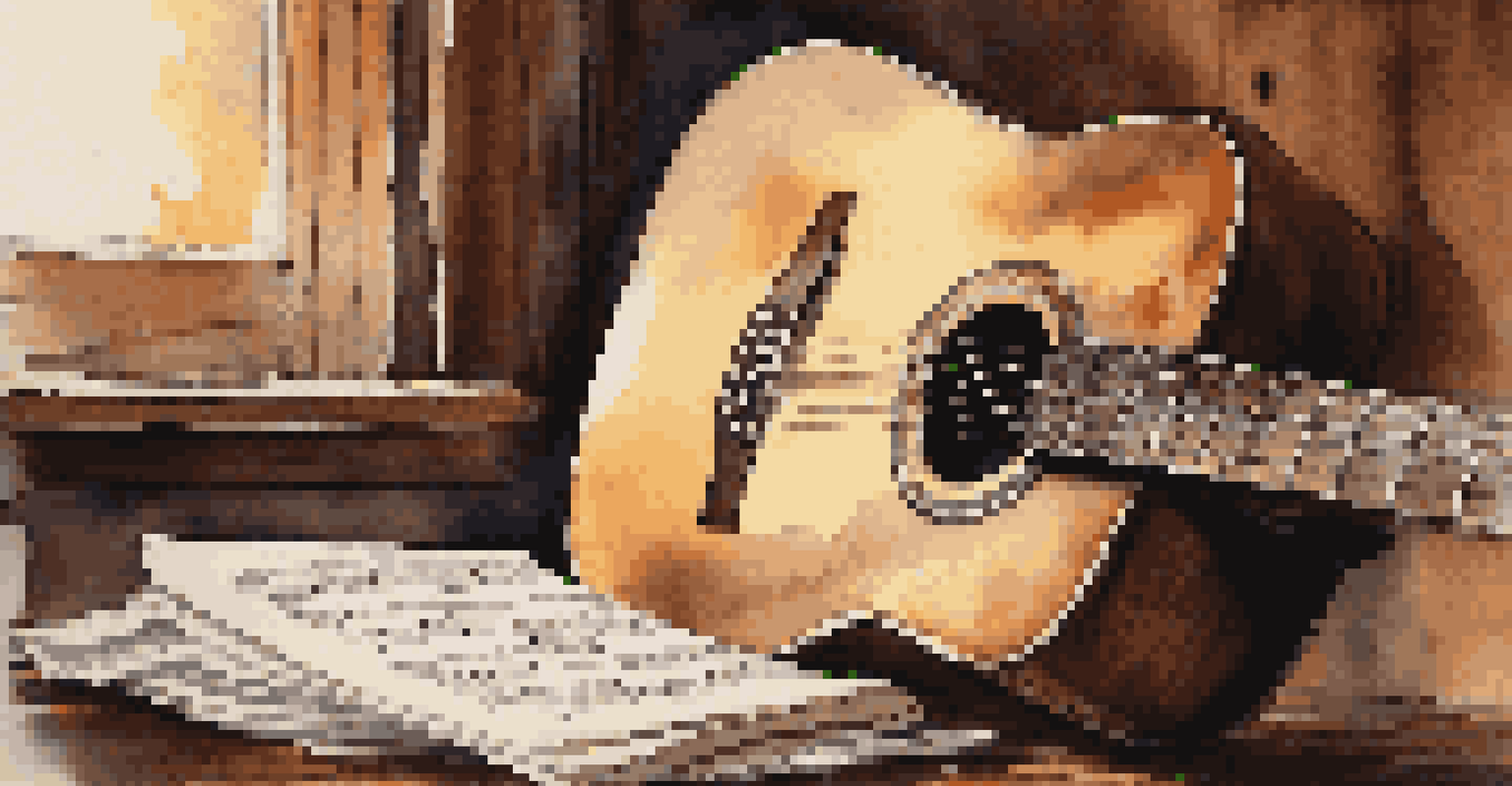 A close-up of an acoustic guitar with a rustic wooden background, warm lighting, and sheet music next to a steaming cup of coffee.