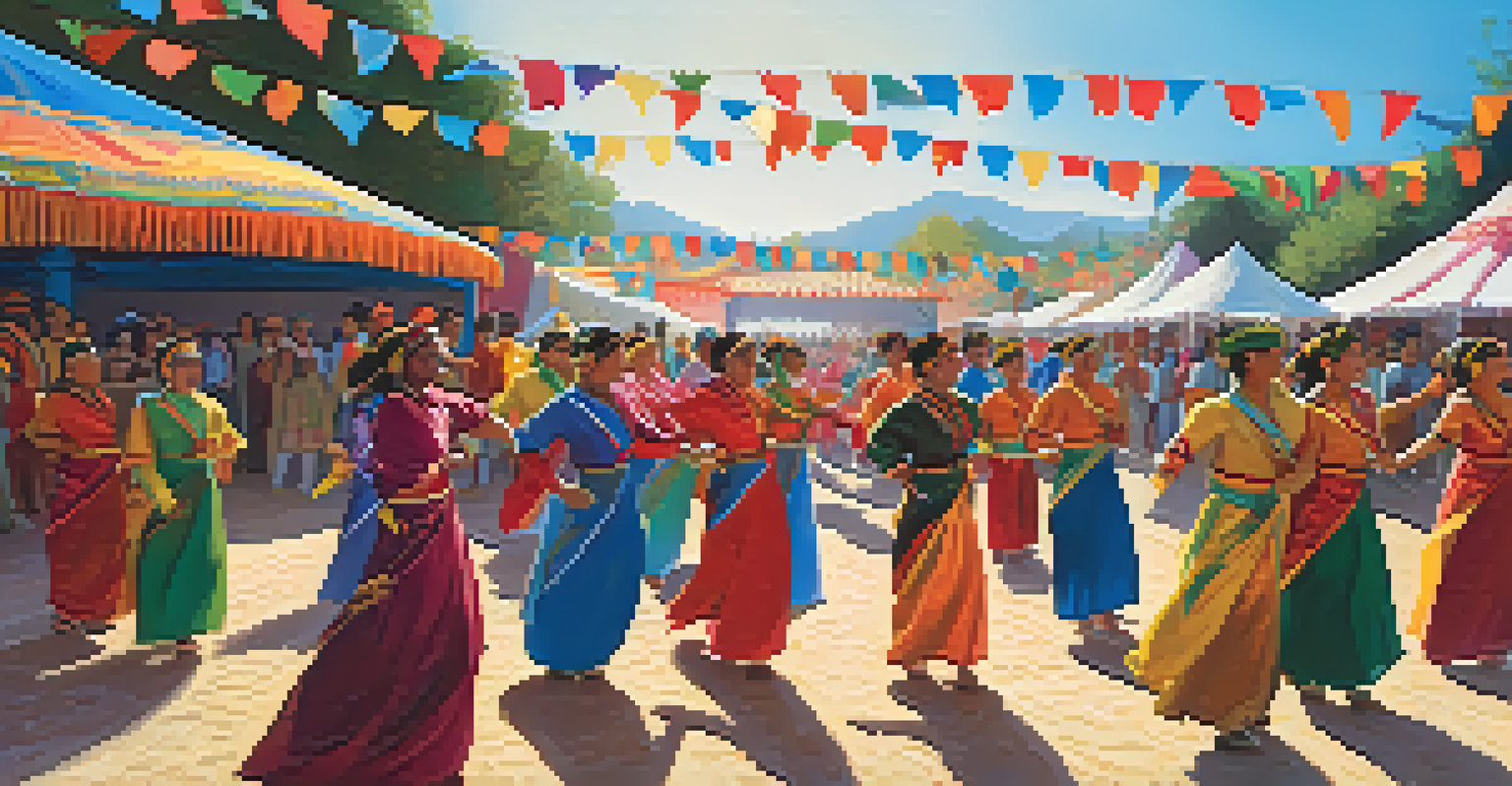 An outdoor festival scene with diverse people celebrating through music and dance, surrounded by colorful flags and decorations under a clear blue sky.