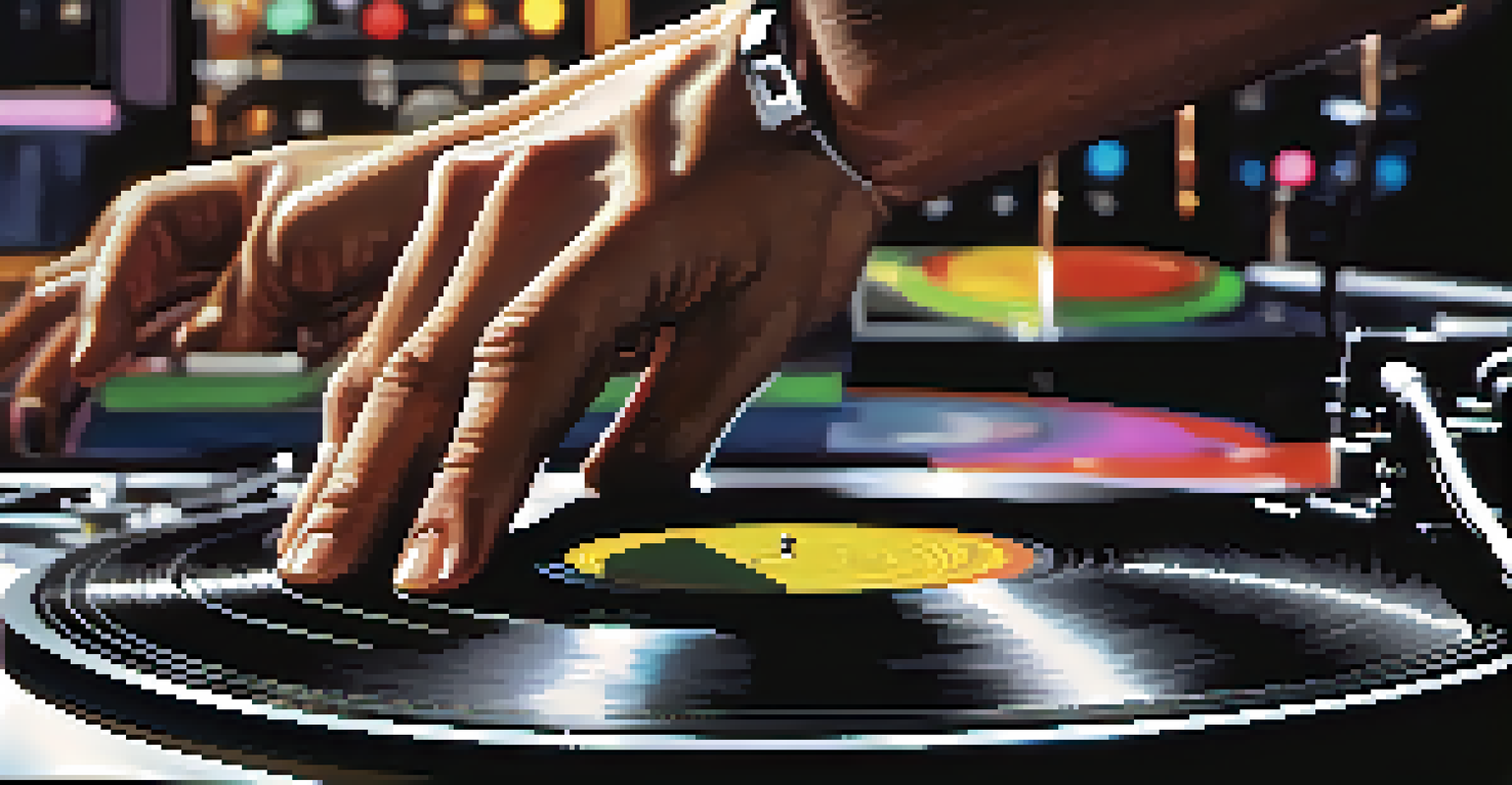 A close-up of a DJ's hands on a vinyl record, demonstrating the baby scratch technique.