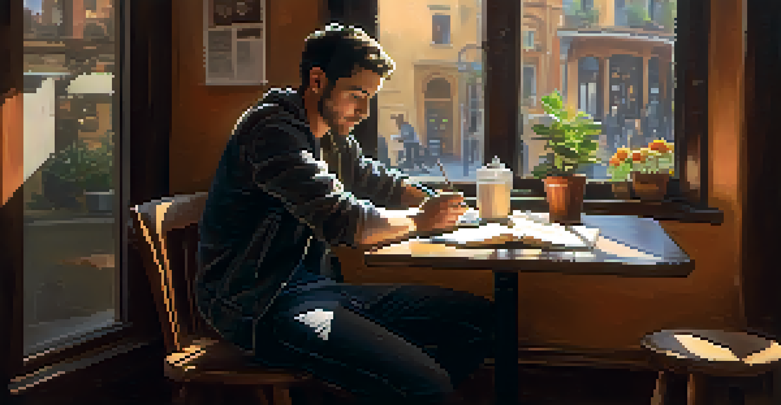An artist with a guitar writing lyrics in a cozy café, surrounded by warm lighting and plants.