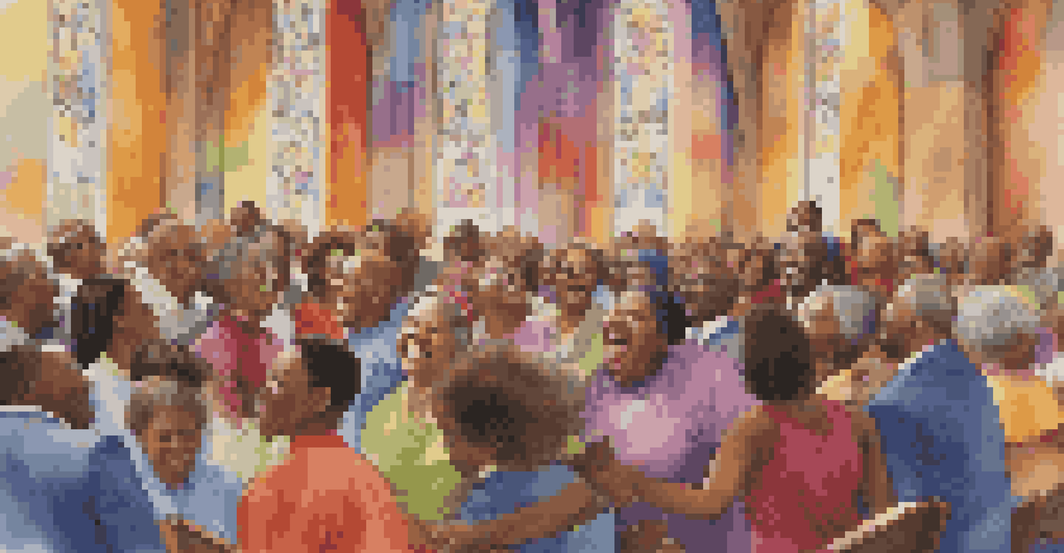 A diverse choir singing in an African American church with stained glass windows, depicting joy and community.