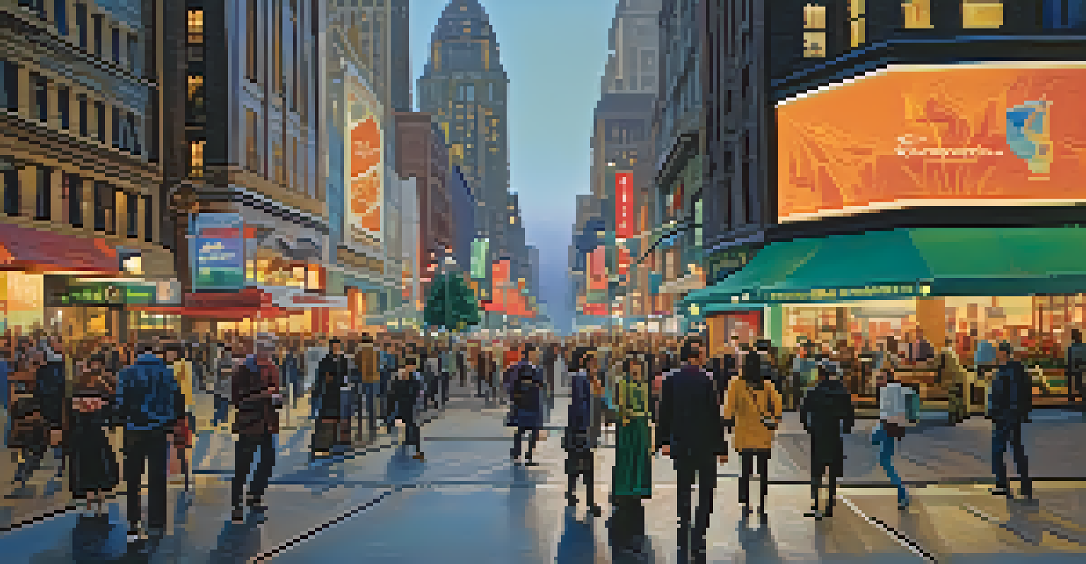 A lively city street at dusk, showcasing vibrant lights, pedestrians, and a street musician.