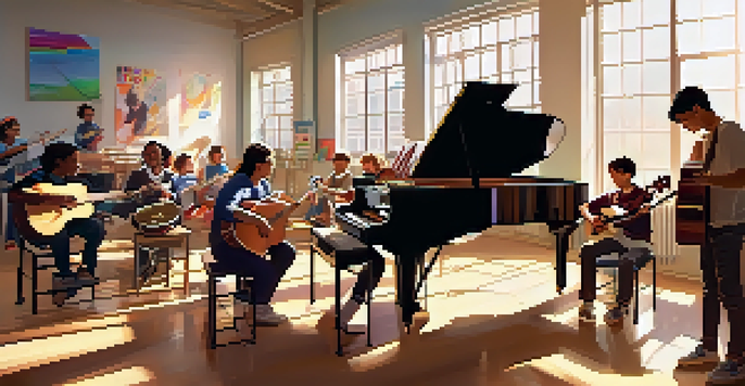 A classroom filled with students learning music, playing instruments, and enjoying the process.
