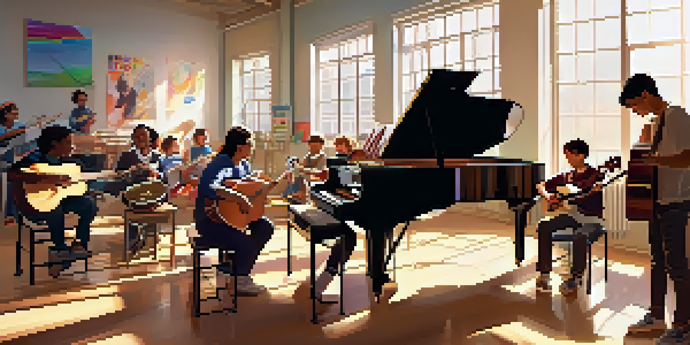 A classroom filled with students learning music, playing instruments, and enjoying the process.
