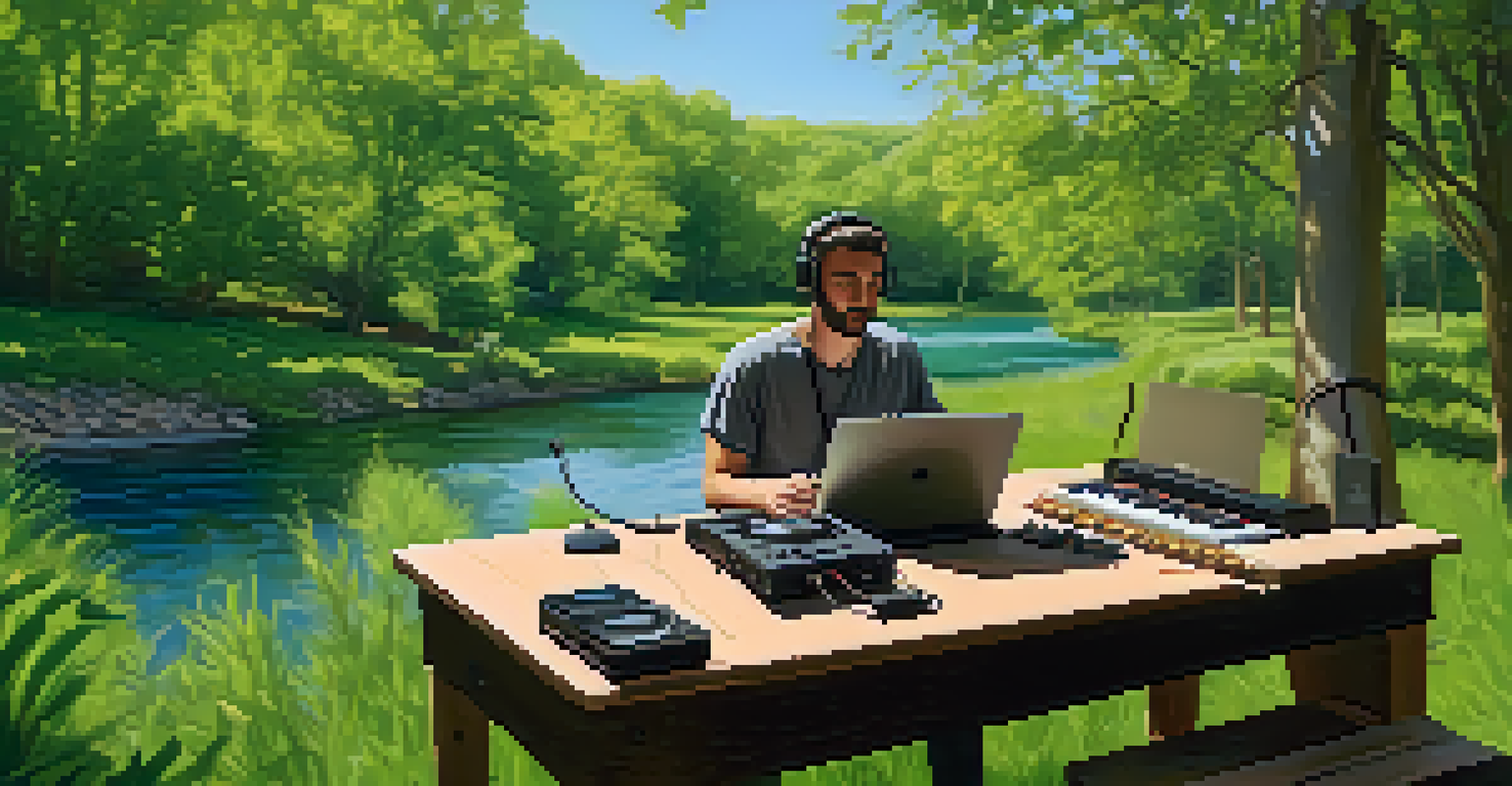 A music producer working outdoors at a laptop amidst nature, with musical instruments and a peaceful stream in the background.
