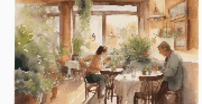 A couple at a café, enjoying a conversation with a violinist in the background, creating an intimate atmosphere.