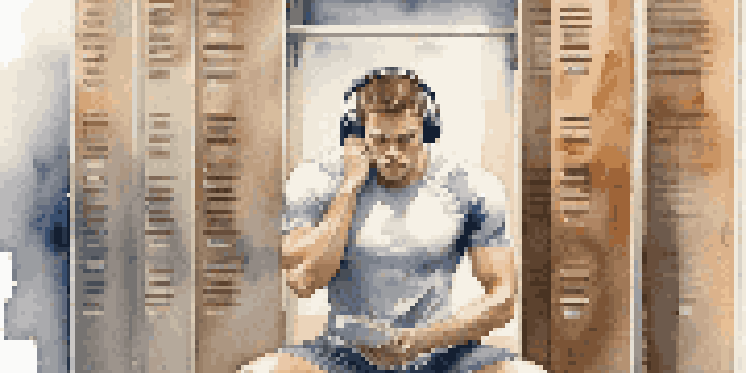 An athlete in a locker room wearing headphones, listening to classical music, with a focused expression and soft lighting.