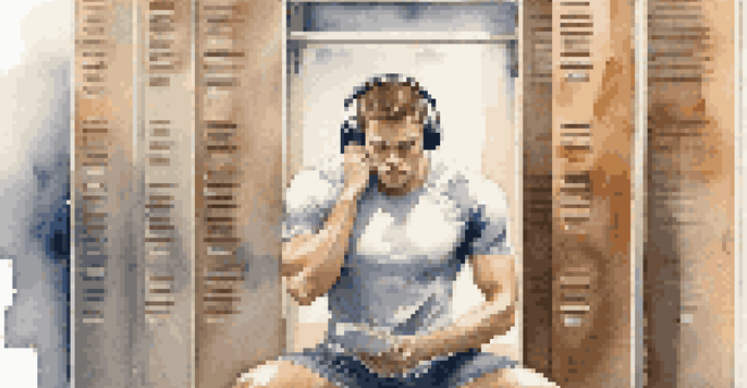 An athlete in a locker room wearing headphones, listening to classical music, with a focused expression and soft lighting.