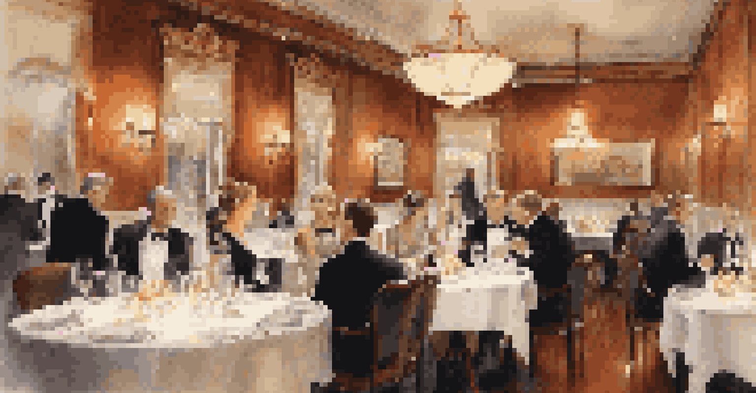 An elegant dining restaurant with diners enjoying their meals in a sophisticated atmosphere, with soft classical music playing.