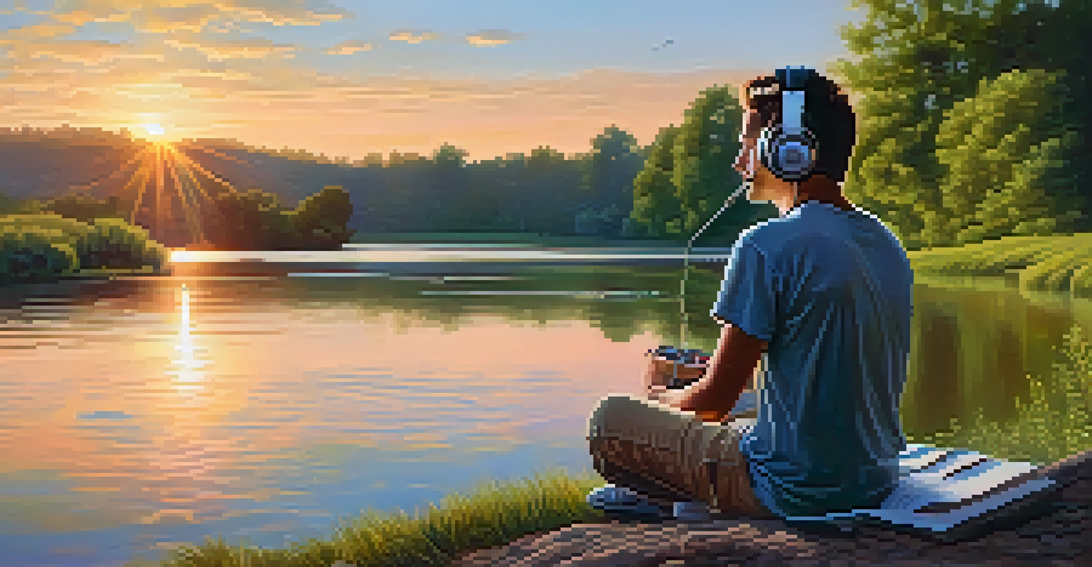 A peaceful riverside scene with a person wearing headphones, enjoying music amidst lush greenery and a beautiful sunset.