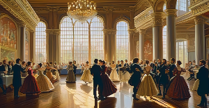A colorful Renaissance ballroom with nobles dancing, chandeliers overhead, and musicians playing in the background.