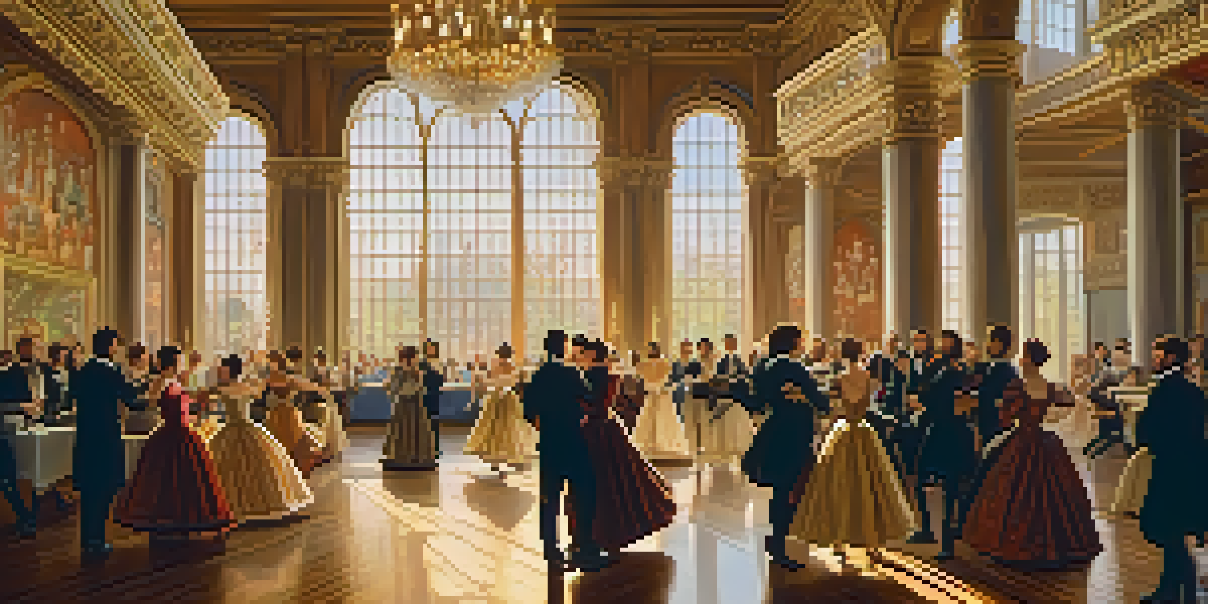 A colorful Renaissance ballroom with nobles dancing, chandeliers overhead, and musicians playing in the background.