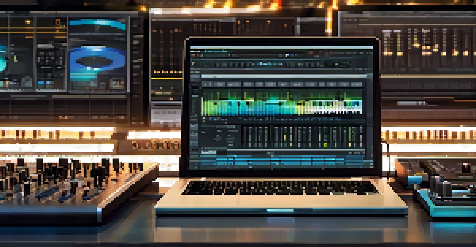 Close-up of hands working on a laptop and mixing board in a music production environment.