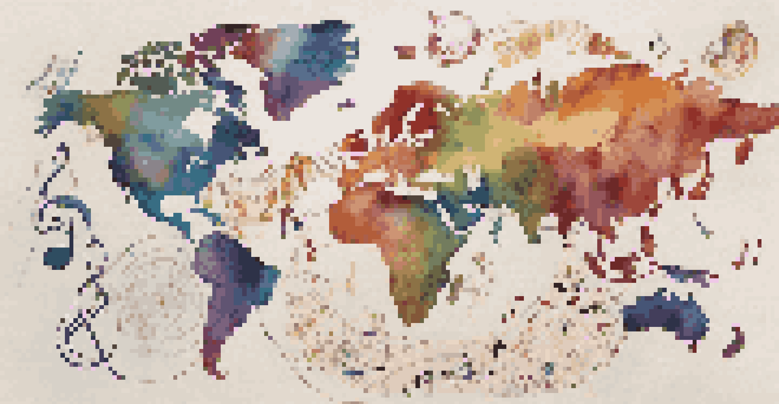 A global music map showing various musical genres with instruments and symbols, connected by lines on a stylized globe.